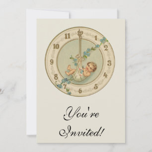 New Years Baby Vintage Clock Invitation