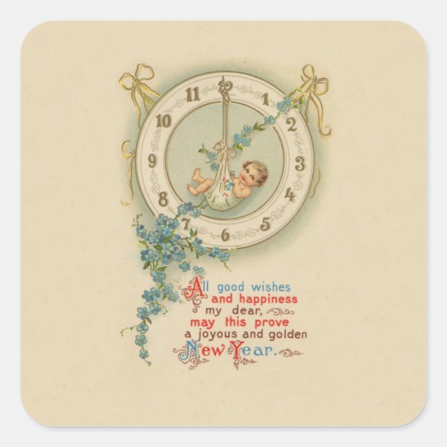 New Years Baby Vintage Clock Square Sticker (Front)
