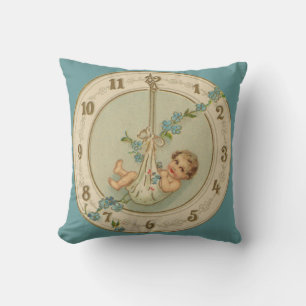 New Years Baby Vintage Clock Throw Pillow