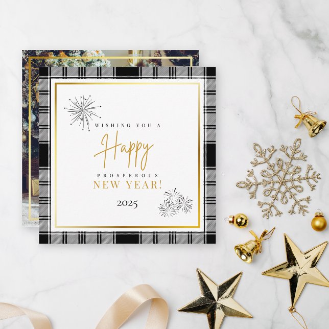 New Years Black & White Plaid 1 Photo Gold Script Card (Creator Uploaded)