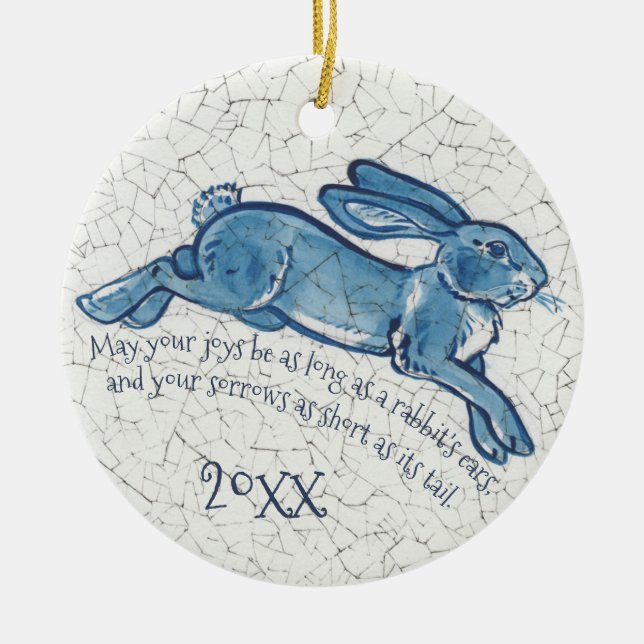 New Years Blue White Rabbit Bunny Delft Dedham Ceramic Ornament (Front)