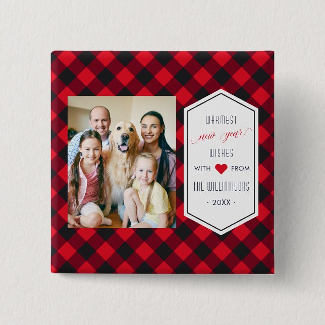 New Years Buffalo Plaid Holiday Greeting Photo 2 Inch Square Button (Front)