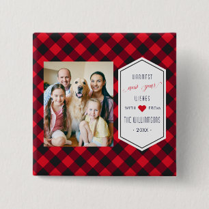 New Years Buffalo Plaid Holiday Greeting Photo 2 Inch Square Button
