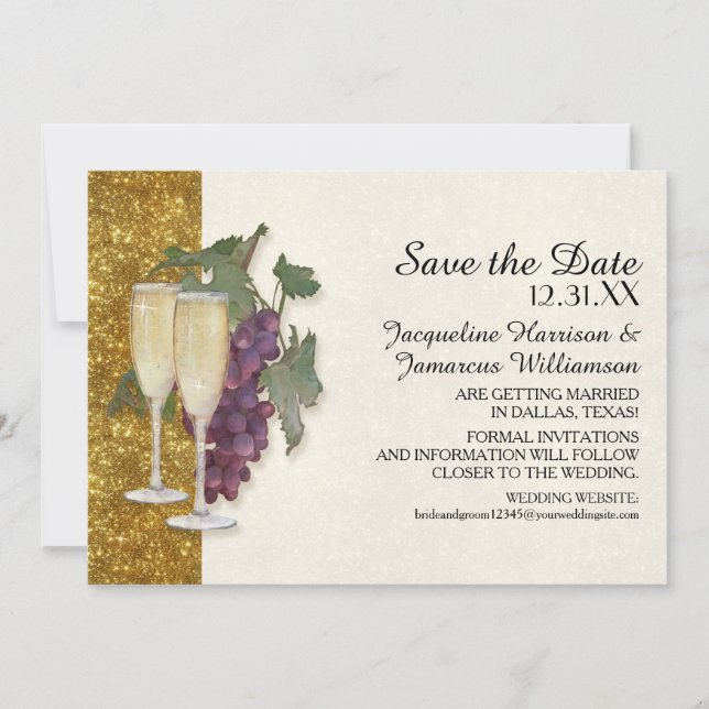 New Years Champagne Glass Grapes Save the Date Invitation (Front)