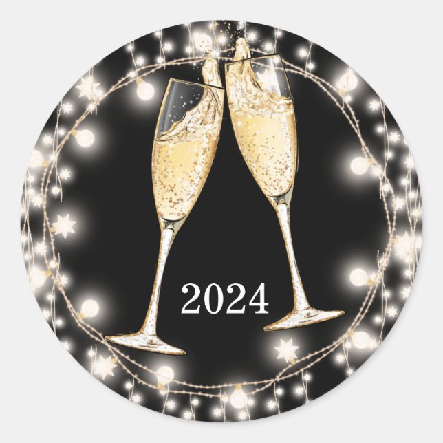 New Years Champagne Glasses Glowing String Lights Classic Round Sticker (Front)