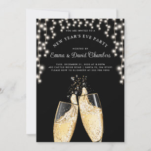 New Year's Champagne String Lights On Black  Invitation
