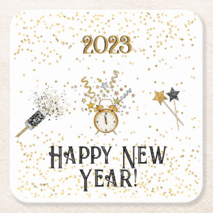 New Years Clock, Streamers, Stars, Ribbons Square Paper Coaster