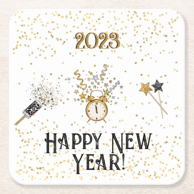 New Years Clock, Streamers, Stars, Ribbons Square Paper Coaster (Front)