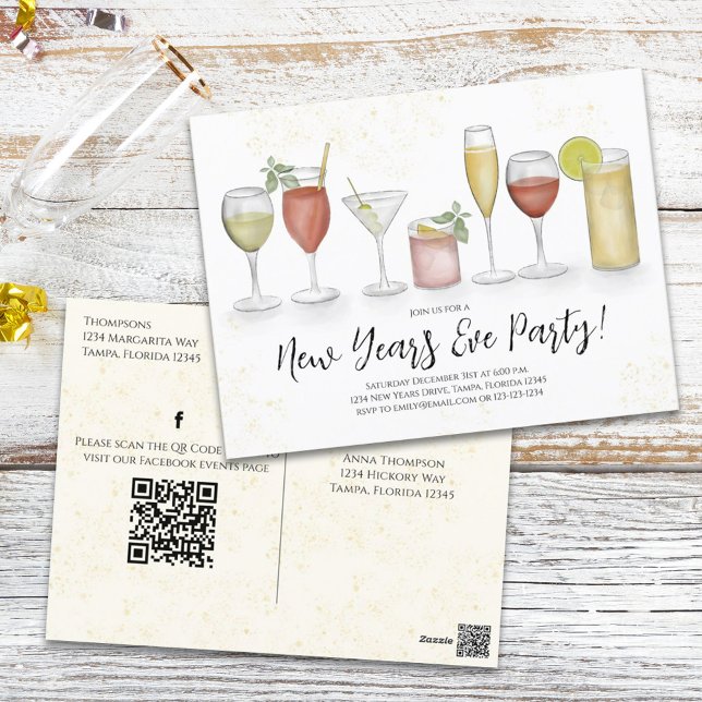 New Year's Cocktail Drinks QR Code Pre Addressed Postcard (Creator Uploaded)