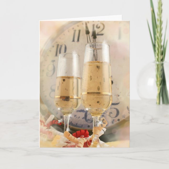 New Years countdown clock and champagne Holiday Card (Front)