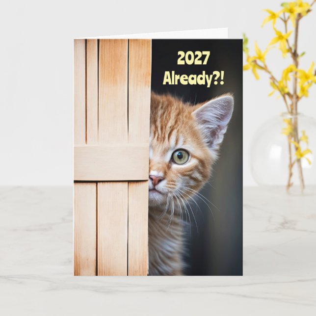 New Years Cute Funny 2027 Ginger Orange Kitten  Card (Yellow Flower)