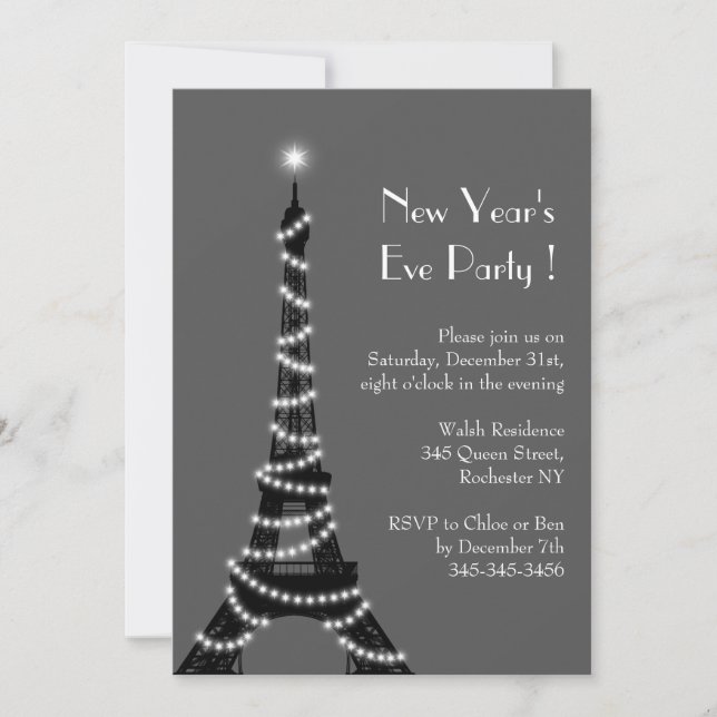 New Year's Eiffel Tower Invitation grey (Front)