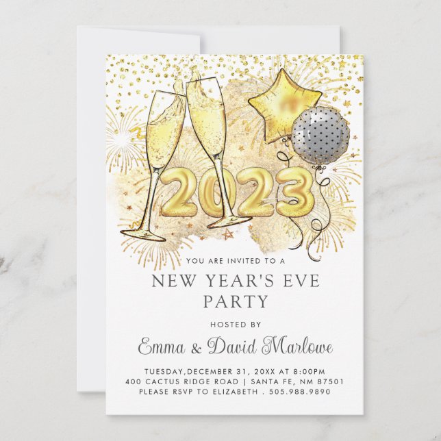New Year's Eve 2023 Champagne Balloons Glitter Invitation (Front)