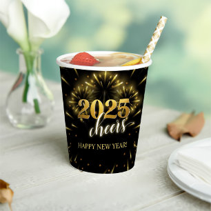 New Year's Eve 2025 Party Gold & Black Paper Cups