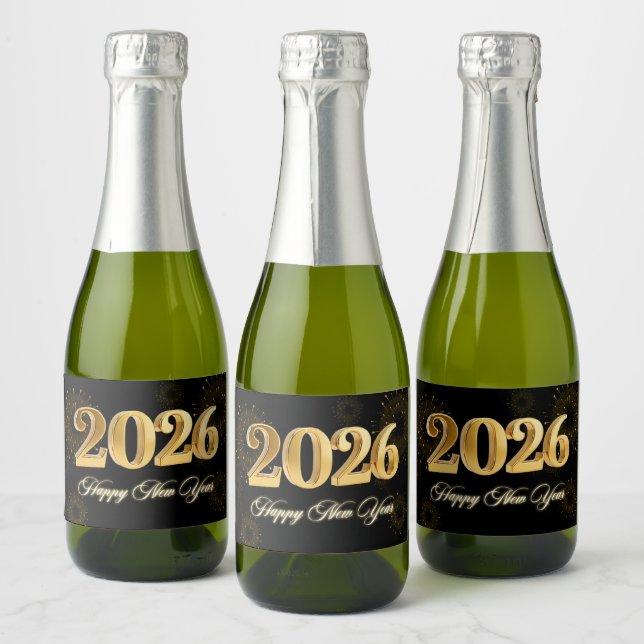New Year's Eve 2026 Party Gold Glitter Sparkling Wine Label (Bottles)