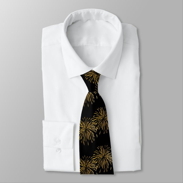 New Year's Eve Black Gold Fireworks Men's  Tie (Tied)