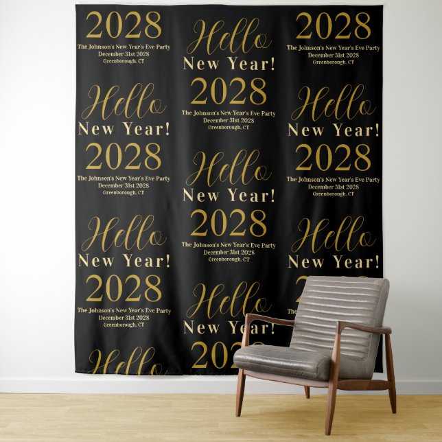 New Year's Eve Black Gold Typography backdrop Tapestry (In Situ)