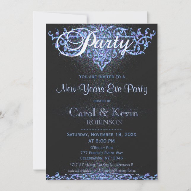 New Years Eve | Blue Glitter Look Invitation (Front)