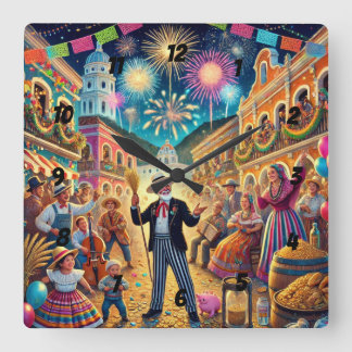 New Year's Eve Celebration El Año Viejo Square Wall Clock