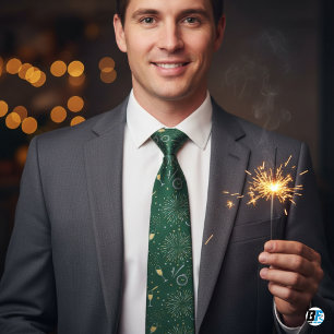 New Year's Eve Celebration Green Gold Fireworks  Tie