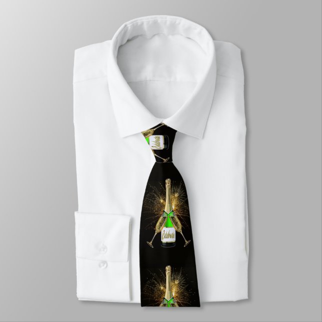 New Years Eve Champagne Bottle Fireworks Necktie (Tied)