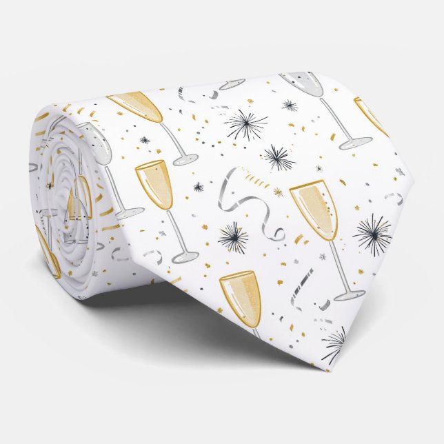 New Year's Eve Champagne Fireworks White Blac Gold Tie (Rolled)