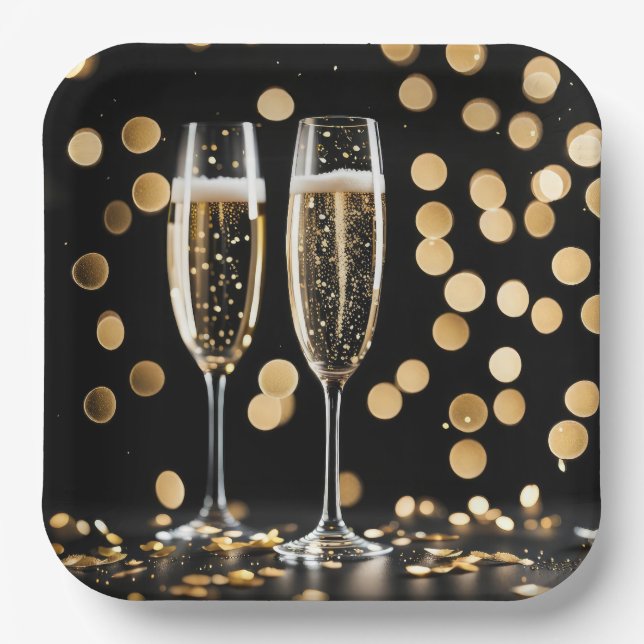 New Year's Eve Champagne Flutes Paper Plate (Front)