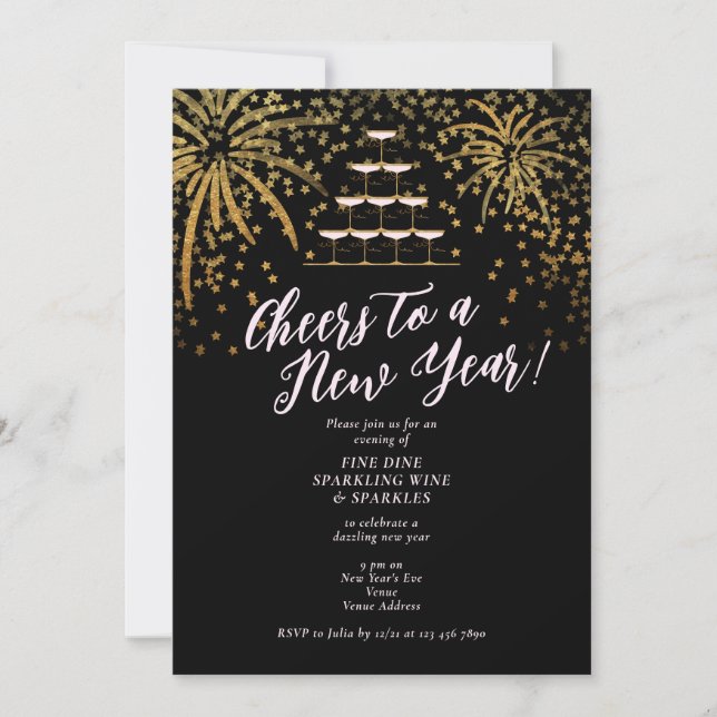 New Years Eve Champagne Tower Dinner Cocktail Bash Invitation (Front)