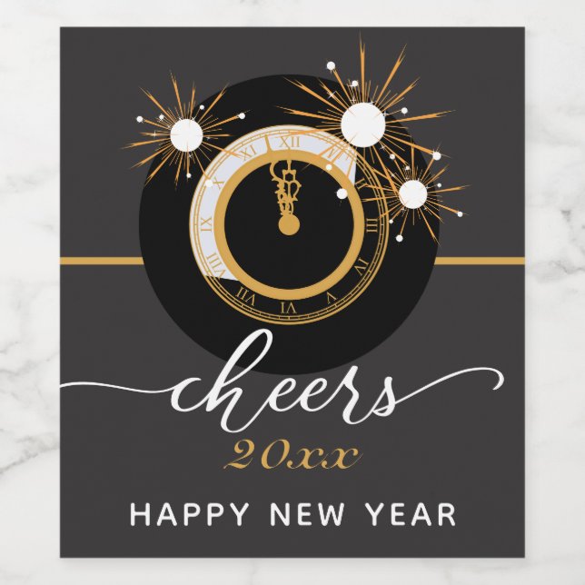 New Years Eve CHEERS Black & Gold Clock Wine Label (Single Label)