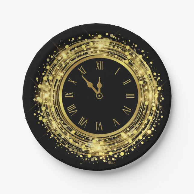 New Year's Eve Clock Glitter Confetti Paper Plate (Front)