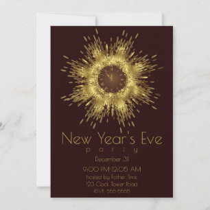 New Year's Eve Clock Gold Glitter Burst Invitation