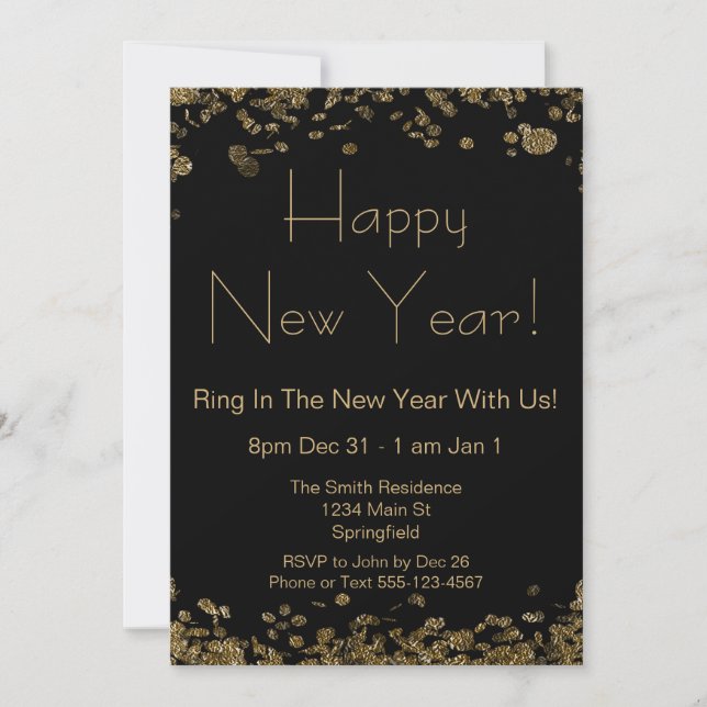 New Year's Eve Elegant Black and Gold Glitter Invitation (Front)