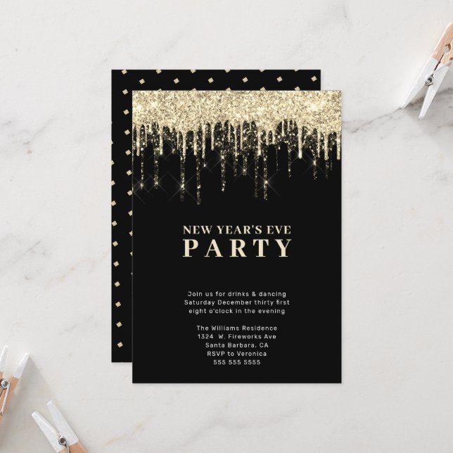 New Years Eve Elegant Black Gold Glitter Drips  Invitation (Front/Back In Situ)
