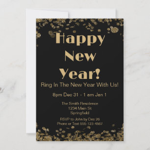 New Year's Eve Elegant Gold Glitter and Black Invitation