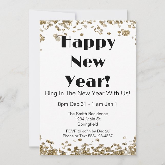 New Year's Eve Elegant Gold Glitter and White Invitation (Front)