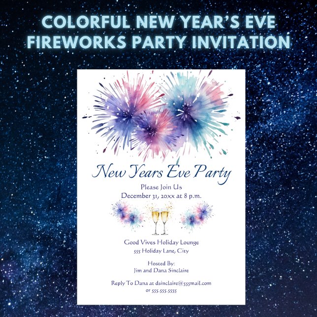 New Years Eve Fireworks Party Invitation (Colorful New Year’s Eve Fireworks Party Invitation – Easy to Personalize)