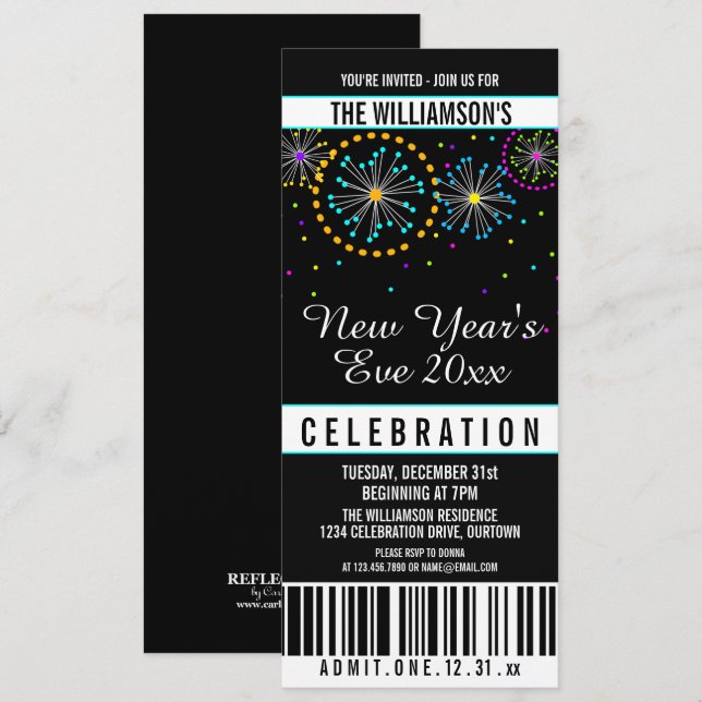 New Years Eve Fireworks Ticket Style Invitations (Front/Back)
