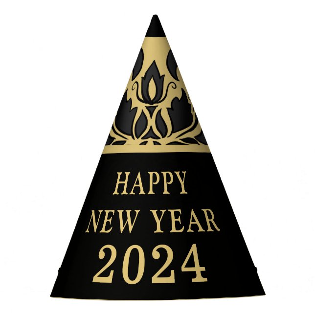 New Year's Eve Gold Black Damask Motif Party Hat (Front)