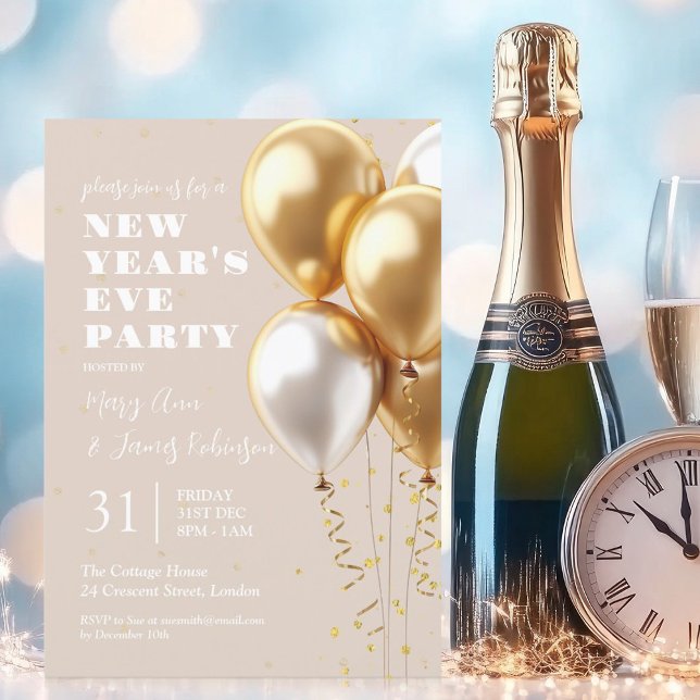 New Years Eve Gold Confetti Balloons Champagne  Invitation (New Years Eve Gold Confetti Balloons Champagne Invitation)
