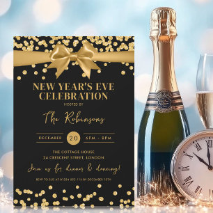New Years Eve Gold Glitter Confetti & Bow Black Invitation