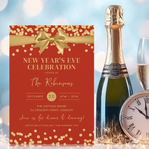 New Years Eve Gold Glitter Confetti & Bow Red Invitation
