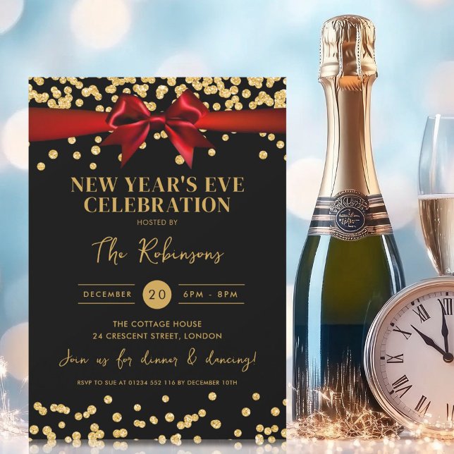 New Years Eve Gold Glitter Confetti Red Bow Black Invitation (New Years Eve Gold Glitter Confetti Red Bow Black Invitation)