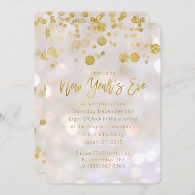 New Year's Eve Gold Iridescent Bokeh Invitation (Front/Back)