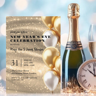 New Years Eve Gold Shimmering Sequins Balloons Invitation
