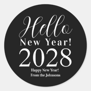 New Year's Eve Happy New Year Black and White Classic Round Sticker