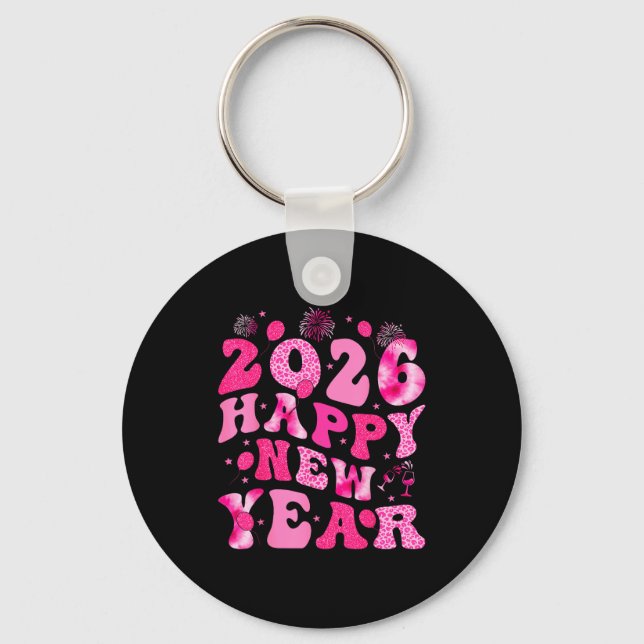 New Year's Eve Hello 2026 Groovy Family Matching C Keychain (Front)