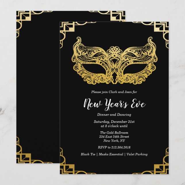 New Year's Eve Holiday Gold Mask Invitation (Front/Back)