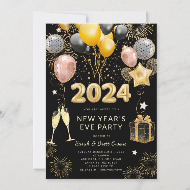 New Year's Eve Party 2023 Gold Glitter On Black  Invitation (Front)