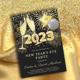 New Year's Eve Party 2023 Gold Glitter On Black  Invitation