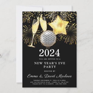 New Year's Eve Party 2024 Gold Glitter On Black  I Invitation